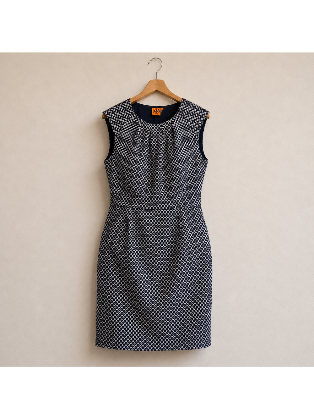 Tory Burch Maxine Geometric Print Silk Sheath Dress Navy White Women's Size 14